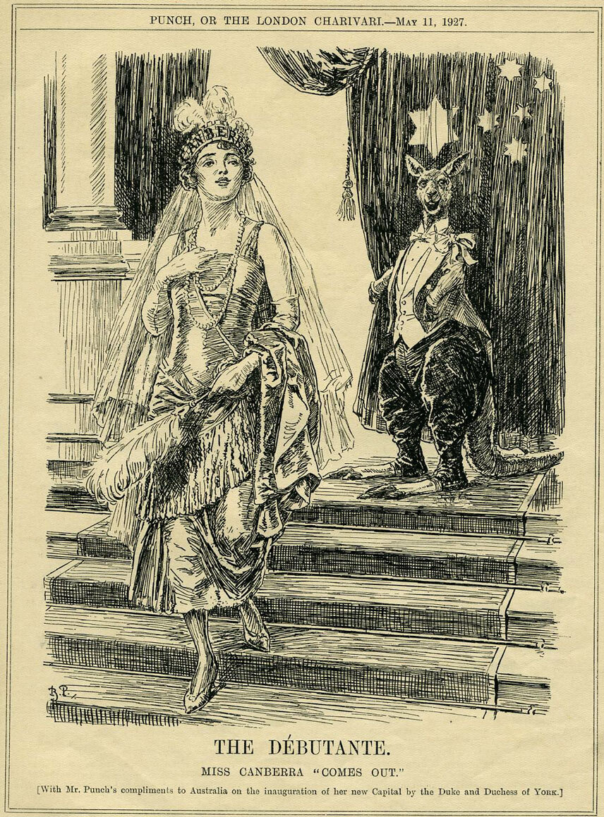 the-debutante-miss-canberra-comes-out-wood-block-illustration-kangaroo