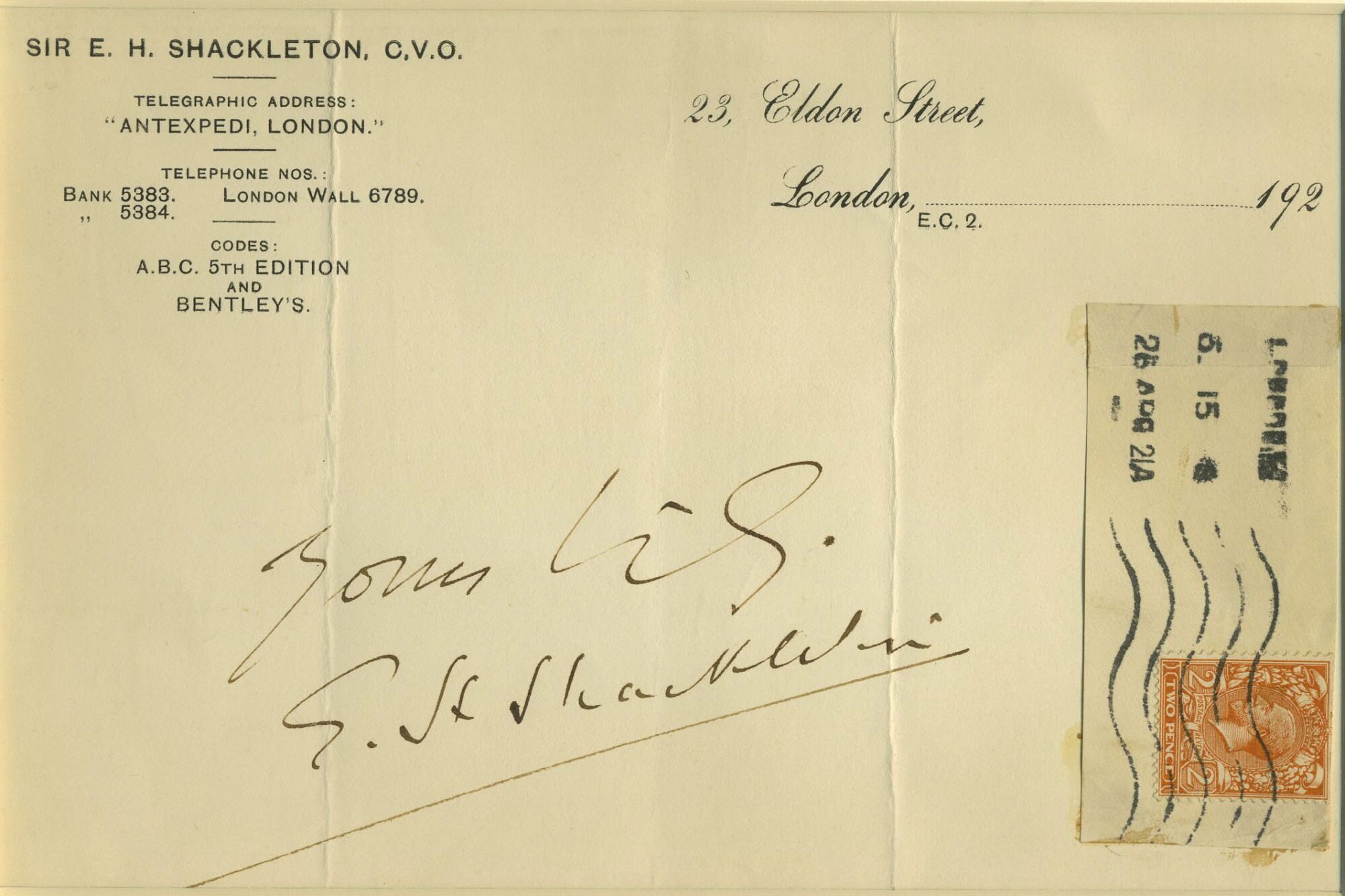 paper or letterhead stamp Shackleton, letterhead of paper on his Ernest Autograph